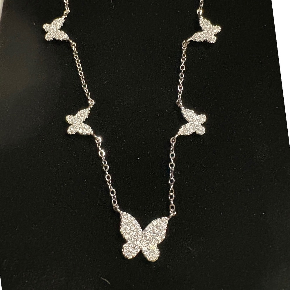 Silver Tone Crystal Butterfly Station Necklace Pave Dainty Jewelry